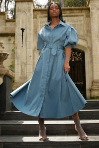 model with braids wearing a blue shirt dress with statement sleeves poses in a garden